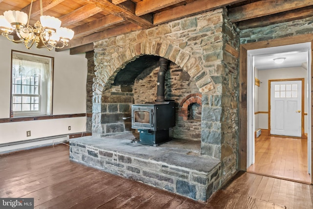 details with beamed ceiling, wood-type flooring, a wood stove, wooden ceiling, and a baseboard heating unit