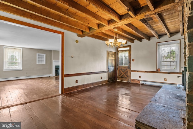 interior space featuring wood ceiling, dark hardwood / wood-style flooring, a wealth of natural light, and beamed ceiling