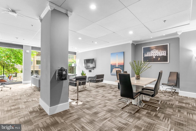 interior space featuring carpet floors, recessed lighting, ornamental molding, and baseboards