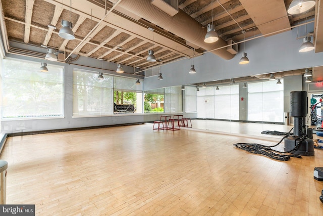 workout area with wood finished floors