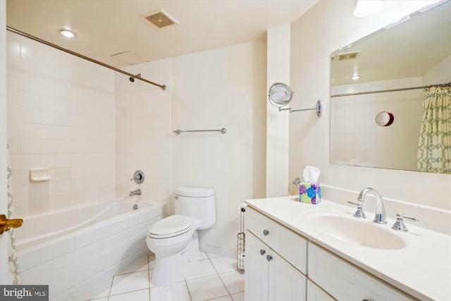 full bathroom with toilet, shower / bathtub combination with curtain, tile patterned flooring, and vanity