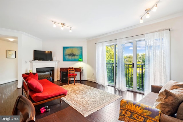 living room with crown molding, track lighting, and dark hardwood / wood-style flooring