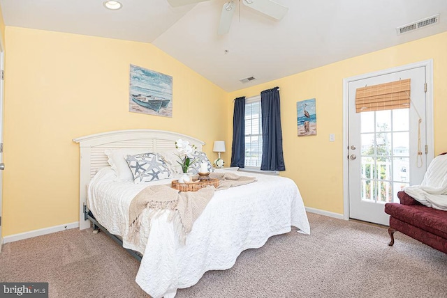 bedroom featuring vaulted ceiling, carpet, and ceiling fan