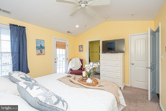 bedroom featuring light carpet, ceiling fan, and vaulted ceiling