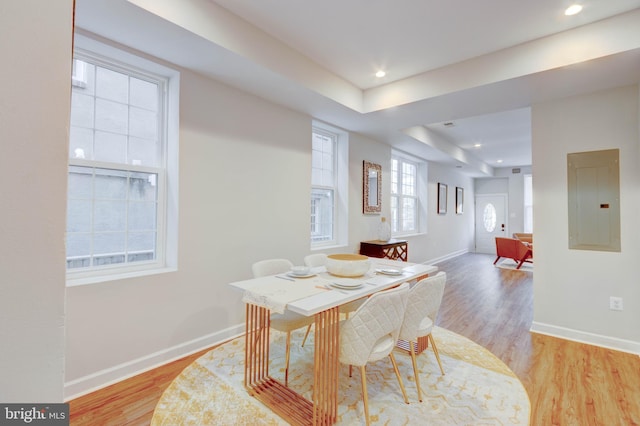 dining space featuring electric panel, light wood-type flooring, and a tray ceiling