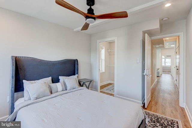 bedroom with light wood-type flooring, a walk in closet, and ceiling fan