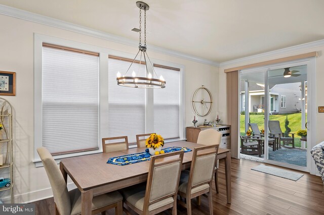 dining space with ceiling fan with notable chandelier, hardwood / wood-style flooring, and ornamental molding