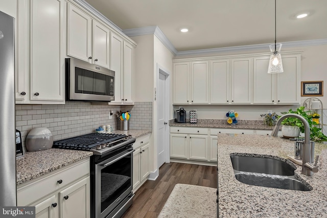 kitchen featuring light stone countertops, stainless steel appliances, dark hardwood / wood-style flooring, and sink