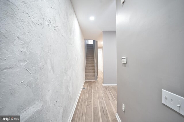 basement with dark hardwood / wood-style flooring