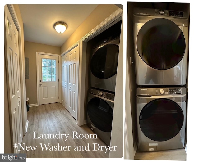 laundry area featuring baseboards, wood finished floors, laundry area, and stacked washing maching and dryer