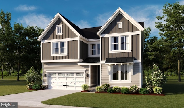 view of front of house featuring board and batten siding, a garage, driveway, and a front lawn