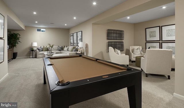 rec room featuring baseboards, recessed lighting, visible vents, and light colored carpet