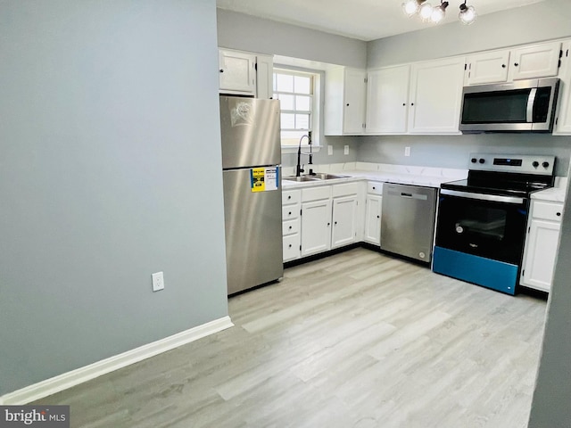 kitchen with light wood-type flooring, white cabinetry, sink, and stainless steel appliances