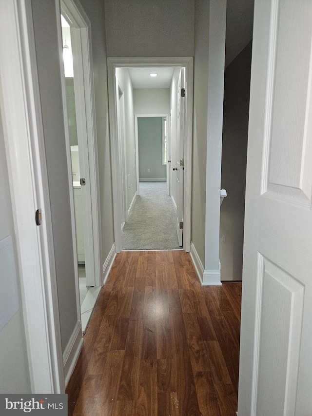 hall with dark wood-type flooring