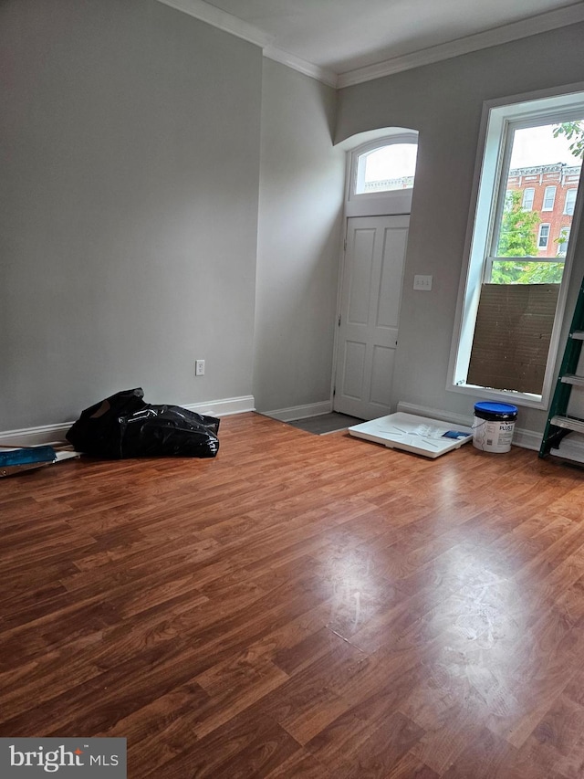 foyer entrance featuring dark hardwood / wood-style flooring and ornamental molding