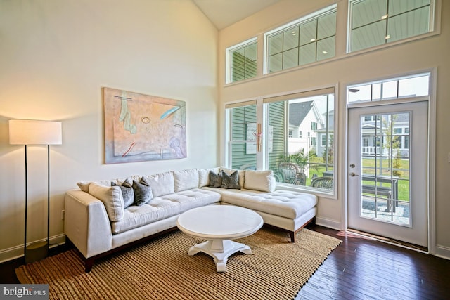 living room featuring dark wood-type flooring and high vaulted ceiling