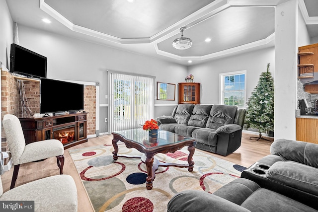 living room featuring a tray ceiling, light hardwood / wood-style floors, and a wealth of natural light