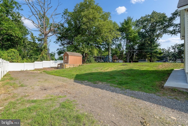 view of yard featuring a storage shed