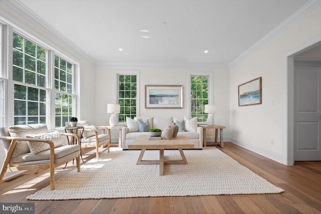 living room featuring a wealth of natural light, ornamental molding, and hardwood / wood-style floors