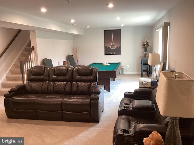 home theater featuring light carpet and billiards