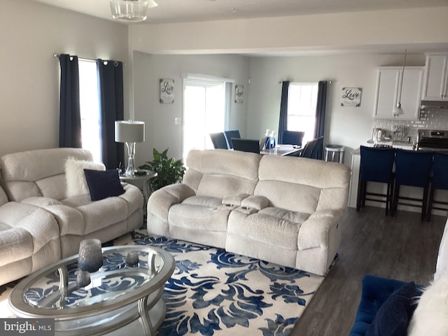 living room with dark hardwood / wood-style flooring