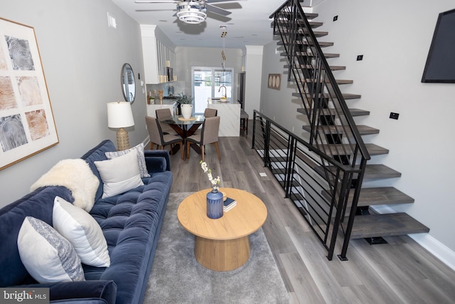 living room featuring ceiling fan and hardwood / wood-style floors