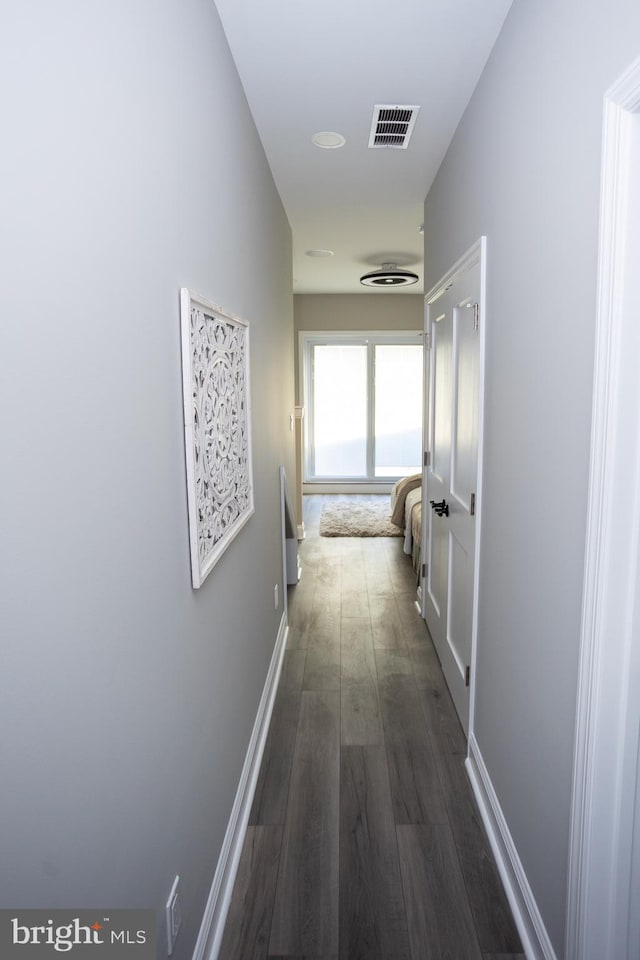 corridor with dark hardwood / wood-style flooring