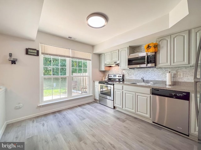 kitchen featuring backsplash, stainless steel appliances, sink, and light wood-type flooring