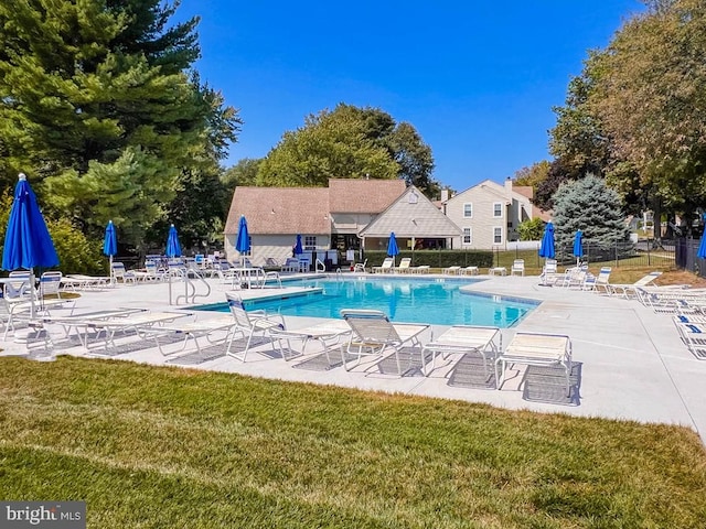 view of swimming pool with a lawn and a patio