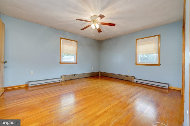 unfurnished room with a healthy amount of sunlight, ceiling fan, baseboard heating, and light hardwood / wood-style flooring