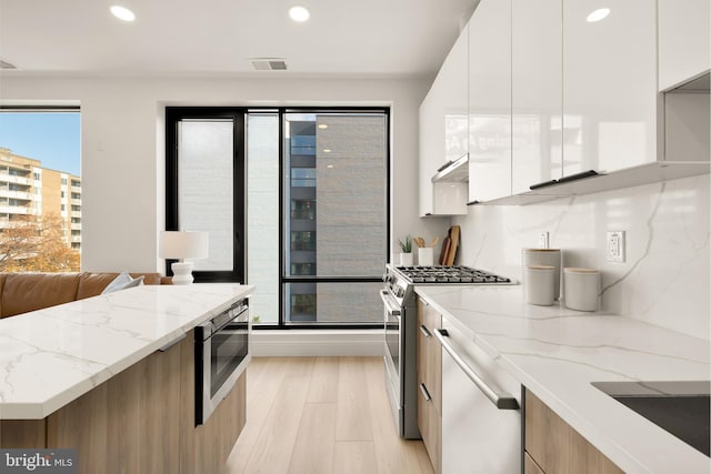 kitchen with light stone counters, light wood-style flooring, stainless steel appliances, white cabinetry, and modern cabinets