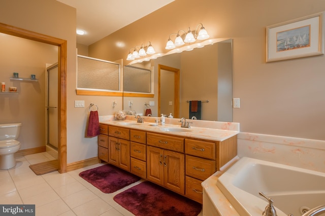 full bathroom featuring toilet, independent shower and bath, and tile patterned floors