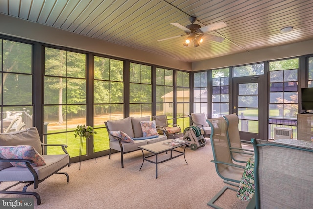 sunroom / solarium featuring ceiling fan and wooden ceiling