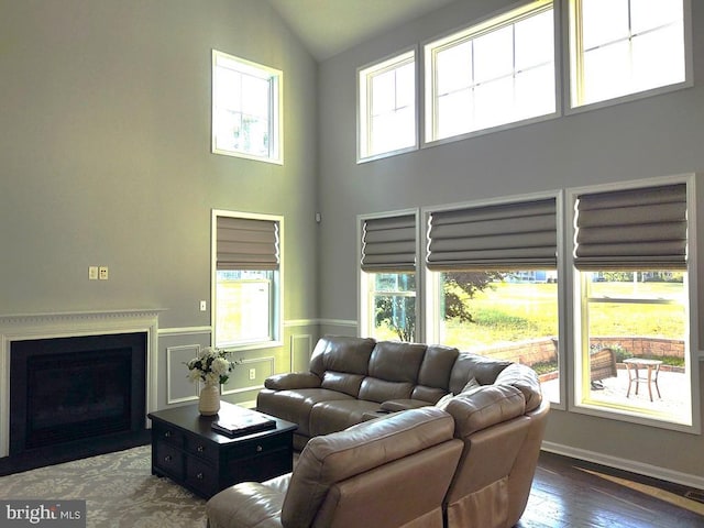 living room featuring a fireplace with flush hearth, plenty of natural light, lofted ceiling, and wood finished floors