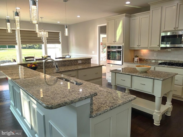 kitchen with a sink, dark wood finished floors, stainless steel appliances, decorative backsplash, and a large island with sink