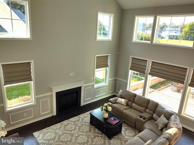 living area with a wainscoted wall, a fireplace with flush hearth, dark wood finished floors, a decorative wall, and vaulted ceiling