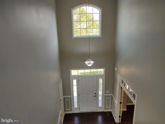 foyer featuring a wealth of natural light, a high ceiling, dark wood-style flooring, and a decorative wall