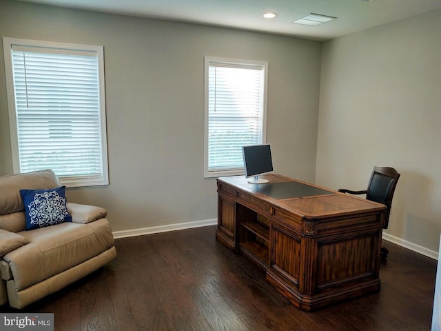 office space with recessed lighting, baseboards, and dark wood-type flooring