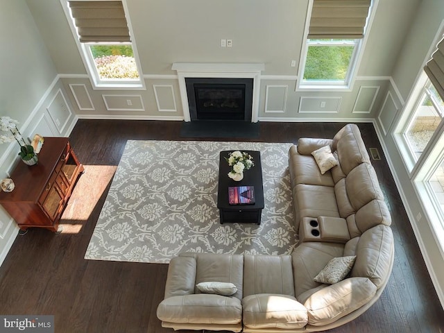 living area featuring wood finished floors, a decorative wall, plenty of natural light, and a fireplace