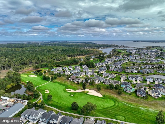 bird's eye view featuring a residential view, a water view, and view of golf course