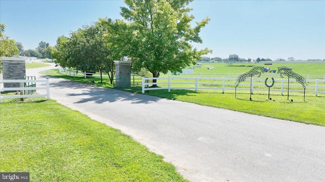 view of street with a rural view and driveway