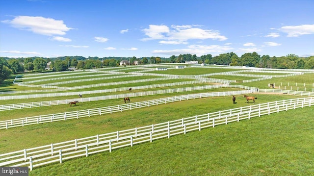 view of community featuring a rural view and fence