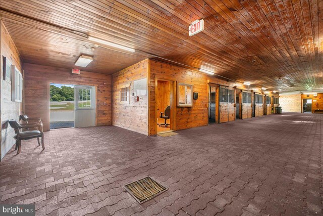 home office with hardwood / wood-style floors, wooden walls, and wooden ceiling