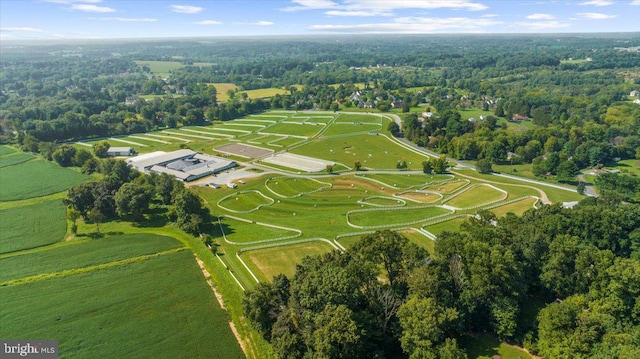 birds eye view of property featuring a forest view