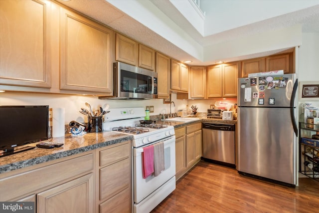 kitchen with hardwood / wood-style floors, sink, light stone countertops, light brown cabinets, and stainless steel appliances