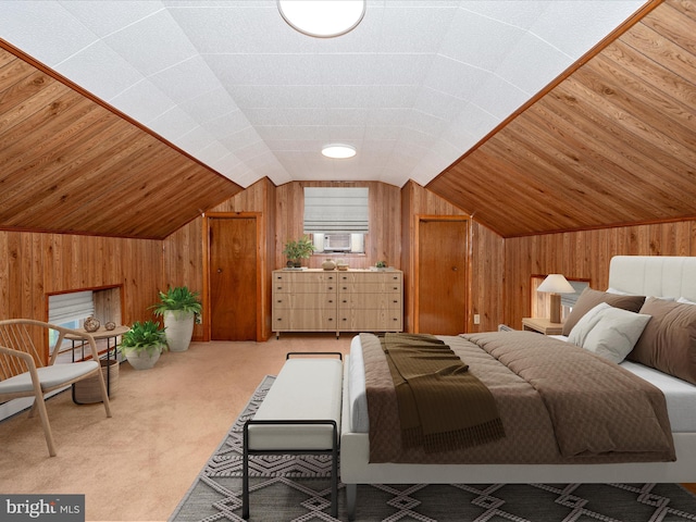 bedroom featuring cooling unit, carpet flooring, wood walls, and lofted ceiling