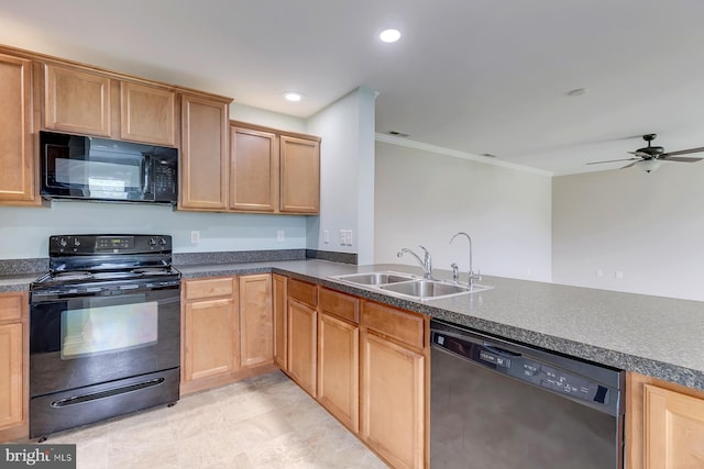 kitchen with visible vents, ornamental molding, black appliances, a sink, and recessed lighting