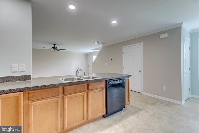 kitchen featuring black dishwasher, crown molding, dark countertops, recessed lighting, and a sink