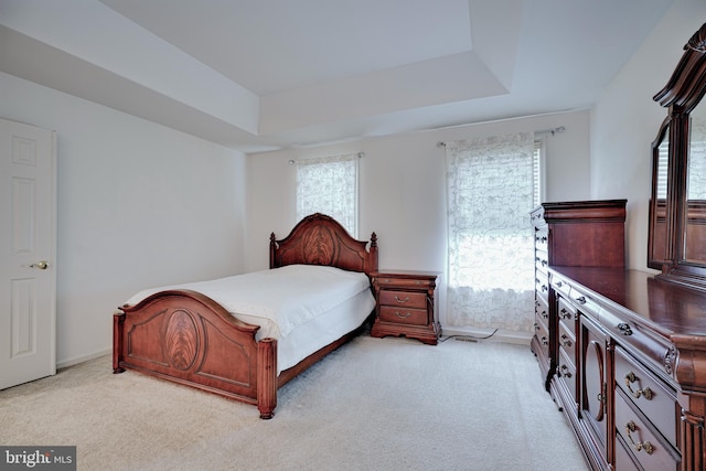 bedroom featuring a raised ceiling and light carpet