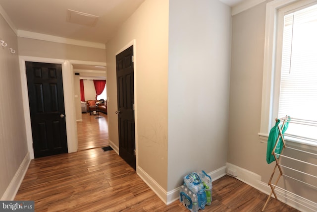 corridor featuring crown molding and hardwood / wood-style floors